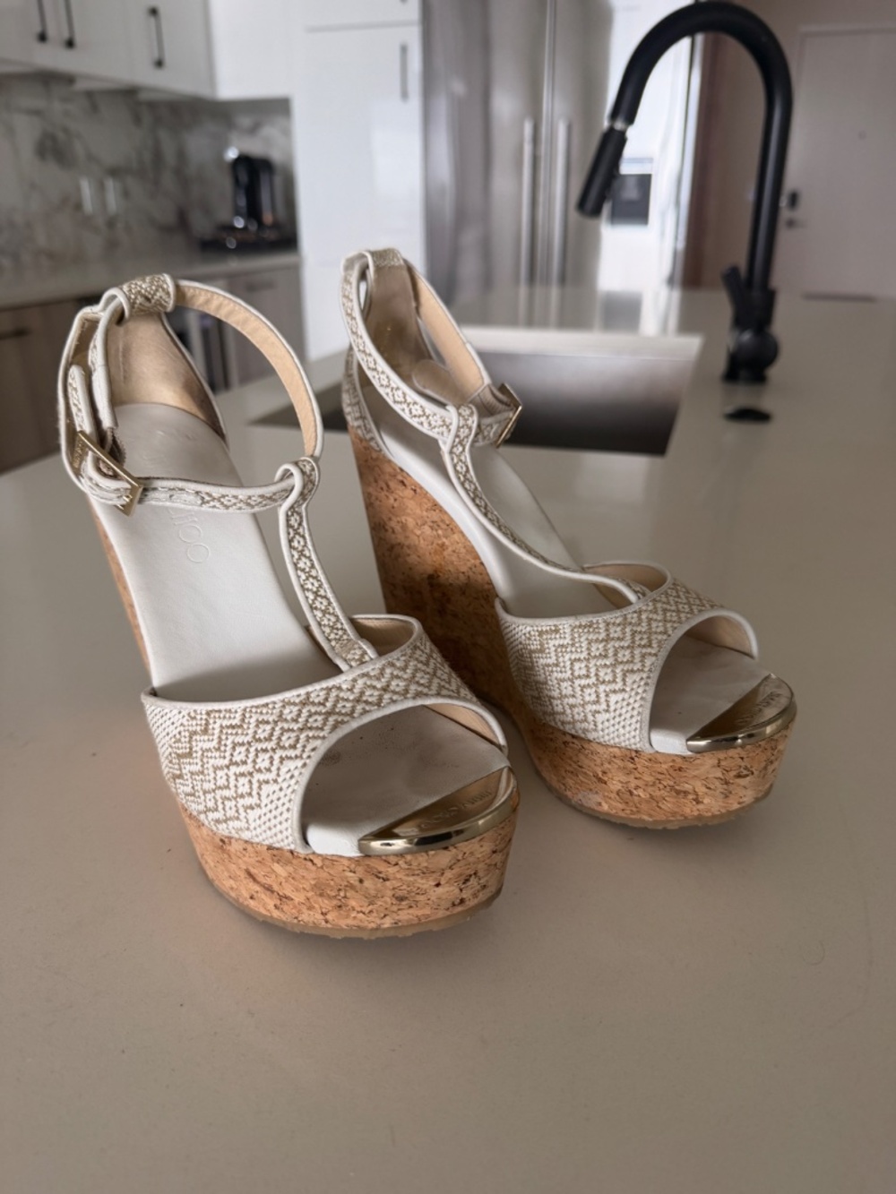 Jimmy Choo Cream Woven Cork Wedge Sandals 38